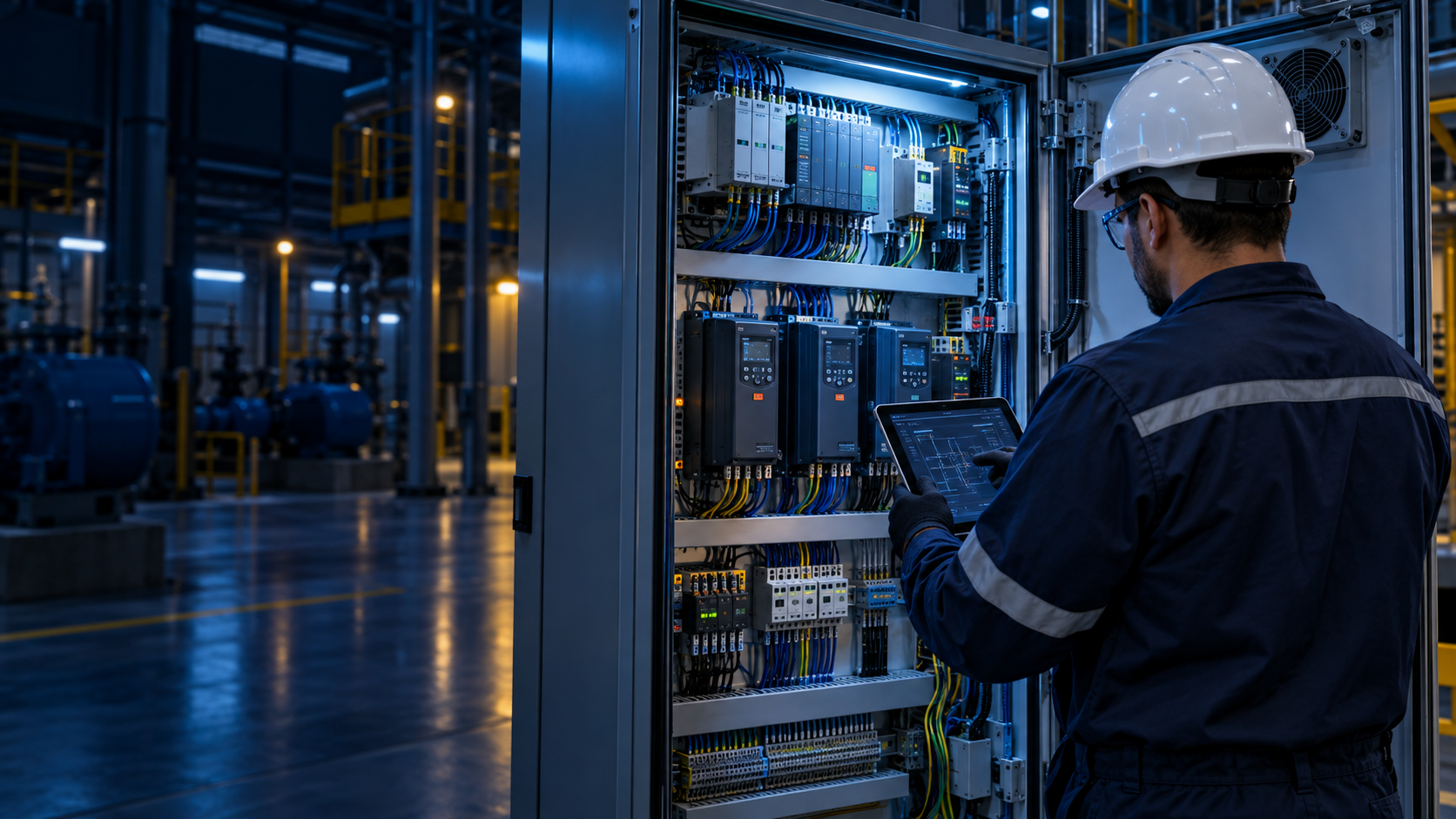 Técnico utilizando a BitAI diante de um painel industrial